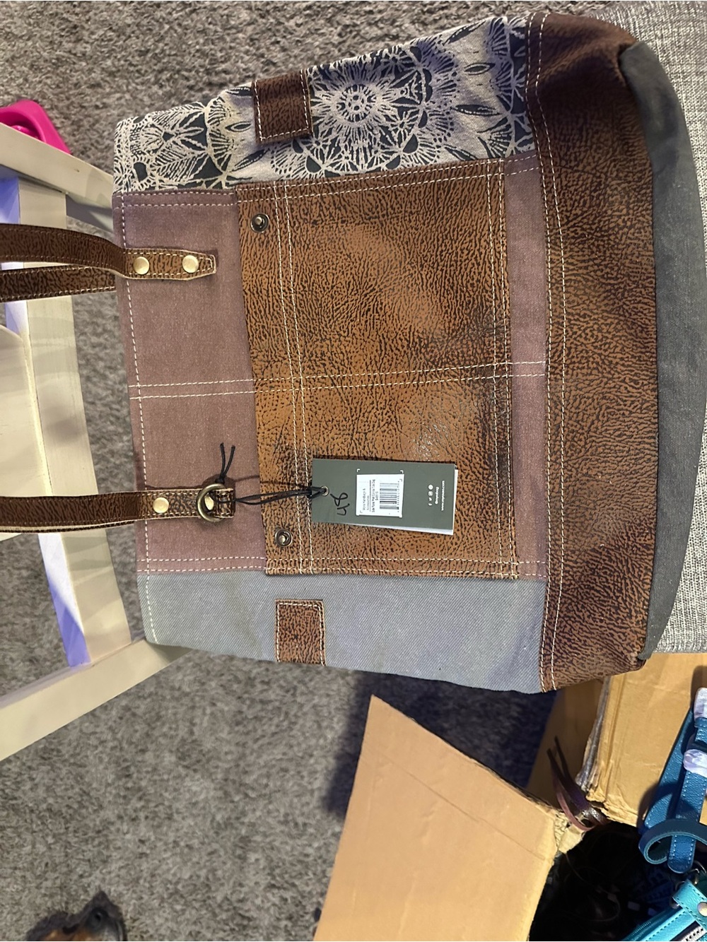 Myra Bag Brown & Gray Mixed-Media Tote with Lace Motif